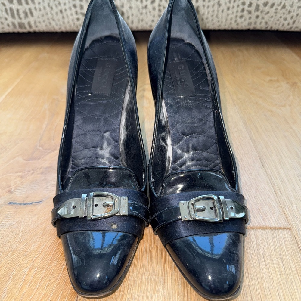 Gucci Black Patent Leather Heels with Silver Buckle